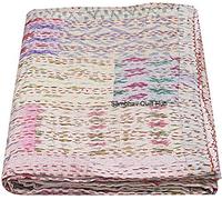 Colcha Kantha de seda blanca hecha a mano con diseño indio, tamaño Queen, retazos, seda Kantha, 228 x 274 cm, manta de seda (retazos multicolores), tamaño individual/king / queen (90 x 108 pulgadas)