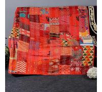 Colcha vintage hecha a mano de seda Sari Patchwork Kantha, colcha decorativa para el hogar, colchas hippie, tamaño king (rojo, 120 x 120 pulgadas)