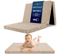Colchón Cuna 60x120 cm plegable para cuna de viaje - Funda desenfundable lavable en lavadora a 30 grados & bolsa incluida - Colchón Bebé Infantil en espuma firme Beige con estrellas blancas