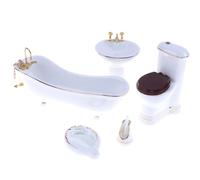 Colcolo 1 Escena de Baño en Miniatura con Bañera Inodoro Lavamanos de Pedestal Espejo Soporte de Cerámica Suave con Ribetes Dorados Adecuada para Maquetas Casas de Muñecas Proyectos Artesanales