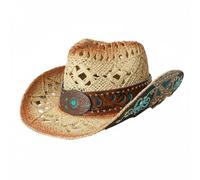 Colcolo Sombrero Vaquero Mujer Paja Natural Ancha Detalles Bordados Cinturón Decorativo Diseño Cómodo Ajustable Adecuado para Actividades al Aire Libre Vacaciones Festival, Beige Con Aro Naranja