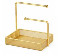 Colcolo Soporte para Joyas Organizador Expositor para Collares y Pulseras con Bandeja Inferior Marco Metálico con Panel de Madera y Base de Malla para Piezas, Dorado, Sencillo