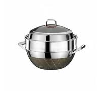 Colcolo Wok de Acero Inoxidable Sartén Olla Cazo sin Recubrimiento para Uso Continuo y Doble Asa de Soporte Firme Distribución de Eficiente Compatible con, 36 Cm, Con Vaporera