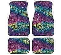Coldinair Juego de 4 alfombrillas universales para automóvil, con estampado de leopardo y purpurina arcoíris para sedán, SUV, camiones, furgonetas, juego de accesorios interiores de automóviles para