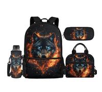 Coldinair Wolf - Mochila escolar para niños de 8 a 10 años, 4 piezas, ligera, de 17 pulgadas, mochila escolar para niños, mochila escolar para niños, adolescentes y niños, mochila con lonchera y bolsa