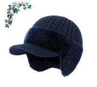 ColdShield Trapper Blocking Knitted Hats, Cozy Head Beanie with Brim & Ear Flaps, for Men Women Cold Weather (Navy Blue)