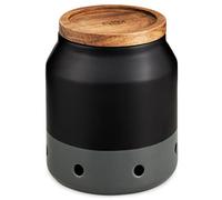Cole & Mason Elmdon Tarro Ajo de Cocina, Bote de Ajos, Almacenaje con Tapa de Madera, Negro/Gris, Recipiente de Almacenamiento Redondo para Ajo Fresco, Cerámica/Acacia, 120mm x 110mm