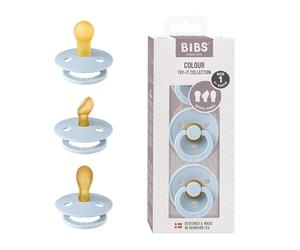 Colección BIBS Colour Try-It: 3 chupetes para las necesidades únicas de tu bebé, Tetina redonda, simétrica y anatómica. Látex natural, 0+ meses (Paquete de 3), Baby Blue