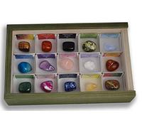 Colección de 15 Gemas de Piedras Semipreciosas en Caja de Madera Natural - Minerales rodados y pulidos con Etiqueta informativa a Color. Pack de rodados para Reiki, meditación, coleccionismo.