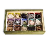 Colección de 15 Rocas didácticas 2 en Caja de Madera Natural - Rocas Reales educativas con Etiqueta informativa a Color. Kit de Ciencia de Geología y Petrología para niños