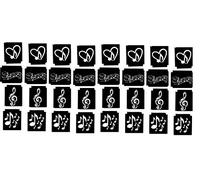 Colección de notas de instrumentos musicales (notas musicales, plantilla de tatuaje, aerógrafo con purpurina)