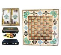 Colección de tableros de ajedrez de backgammon hechos a mano de madera con incrustaciones pintadas a mano, incluye estuche protector, dados y fichas de madera, 50 x 50 cm, 3,5 kg (A14)