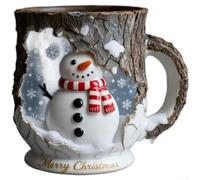 Colección de tazas navideñas estilo tronco de árbol con recortes icónicos para escenas navideñas, y diseñadas para uso en microondas (muñeco de nieve)