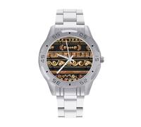 Colecciones de adornos griegos antiguos dorados con bordes oscuros para hombre, correa de reloj de acero inoxidable, analógico, cuarzo, relojes de pulsera de negocios