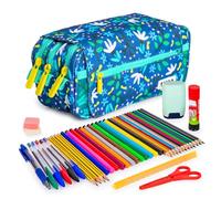 ColePack Design - Lote de Estuche Portatodo Triple con 3 Cremalleras y Material Escolar de Primeras Marcas Incluido (Blue Garden)