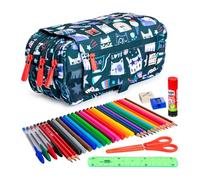 ColePack Design - Lote de Estuche Portatodo Triple con 3 Cremalleras y Material Escolar de Primeras Marcas Incluido (Miau)