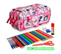 ColePack Design - Lote de Estuche Portatodo Triple con 3 Cremalleras y Material Escolar de Primeras Marcas Incluido (True Love)