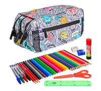ColePack Design - Lote de Estuche Portatodo Triple con 3 Cremalleras y Material Escolar de Primeras Marcas Incluido (Random)