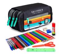 ColePack Design - Lote de Estuche Portatodo Triple con 3 Cremalleras y Material Escolar de Primeras Marcas Incluido (California)