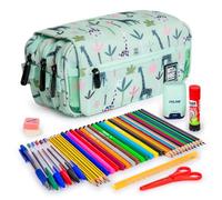 ColePack Design - Lote de Estuche Portatodo Triple con 3 Cremalleras y Material Escolar de Primeras Marcas Incluido (Jungle)