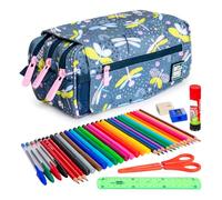 ColePack Design - Lote de Estuche Portatodo Triple con 3 Cremalleras y Material Escolar de Primeras Marcas Incluido (Dragonfly)