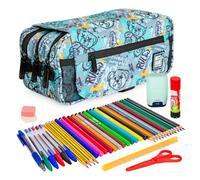 ColePack Design - Lote de Estuche Portatodo Triple con 3 Cremalleras y Material Escolar de Primeras Marcas Incluido (Bear)