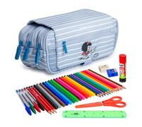 ColePack Design - Lote de Estuche Portatodo Triple con 3 Cremalleras y Material Escolar de Primeras Marcas Incluido (MF Boat)