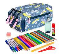 ColePack Design - Lote de Estuche Portatodo Triple con 3 Cremalleras y Material Escolar de Primeras Marcas Incluido (Dragonfly)