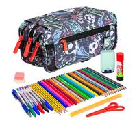 ColePack Design - Lote de Estuche Portatodo Triple con 3 Cremalleras y Material Escolar de Primeras Marcas Incluido (Match)