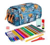 ColePack Design - Lote de Estuche Portatodo Triple con 3 Cremalleras y Material Escolar de Primeras Marcas Incluido (Basketball)