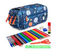 ColePack Design - Lote de Estuche Portatodo Triple con 3 Cremalleras y Material Escolar de Primeras Marcas Incluido (Planets)