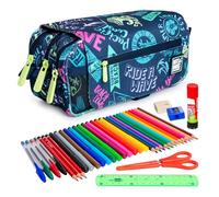 ColePack Design - Lote de Estuche Portatodo Triple con 3 Cremalleras y Material Escolar de Primeras Marcas Incluido (Beach)