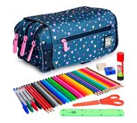ColePack Design - Lote de Estuche Portatodo Triple con 3 Cremalleras y Material Escolar de Primeras Marcas Incluido (Hearts)