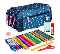 ColePack Design - Lote de Estuche Portatodo Triple con 3 Cremalleras y Material Escolar de Primeras Marcas Incluido (Hearts)