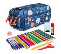ColePack Design - Lote de Estuche Portatodo Triple con 3 Cremalleras y Material Escolar de Primeras Marcas Incluido (Planets)