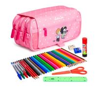 ColePack Design - Lote de Estuche Portatodo Triple con 3 Cremalleras y Material Escolar de Primeras Marcas Incluido (MF Friends)