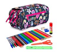 ColePack Design - Lote de Estuche Portatodo Triple con 3 Cremalleras y Material Escolar de Primeras Marcas Incluido (Cute)