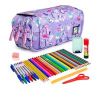 ColePack Design - Lote de Estuche Portatodo Triple con 3 Cremalleras y Material Escolar de Primeras Marcas Incluido (Happy)