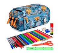 ColePack Design - Lote de Estuche Portatodo Triple con 3 Cremalleras y Material Escolar de Primeras Marcas Incluido (Basketball)