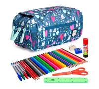 ColePack Design - Lote de Estuche Portatodo Triple con 3 Cremalleras y Material Escolar de Primeras Marcas Incluido (Park)