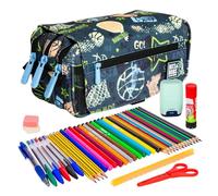 ColePack Design - Lote de Estuche Portatodo Triple con 3 Cremalleras y Material Escolar de Primeras Marcas Incluido (Streetball)