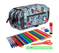 ColePack Design - Lote de Estuche Portatodo Triple con 3 Cremalleras y Material Escolar de Primeras Marcas Incluido (Awesome)