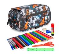 ColePack Design - Lote de Estuche Portatodo Triple con 3 Cremalleras y Material Escolar de Primeras Marcas Incluido (Wild Football)