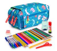 ColePack Design - Lote de Estuche Portatodo Triple con 3 Cremalleras y Material Escolar de Primeras Marcas Incluido (Alligator)