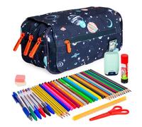 ColePack Design - Lote de Estuche Portatodo Triple con 3 Cremalleras y Material Escolar de Primeras Marcas Incluido (Cosmos)