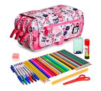 ColePack Design - Lote de Estuche Portatodo Triple con 3 Cremalleras y Material Escolar de Primeras Marcas Incluido (True Love)