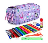 ColePack Design - Lote de Estuche Portatodo Triple con 3 Cremalleras y Material Escolar de Primeras Marcas Incluido (Happy)