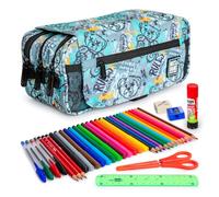 ColePack Design - Lote de Estuche Portatodo Triple con 3 Cremalleras y Material Escolar de Primeras Marcas Incluido (Bear)