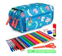 ColePack Design - Lote de Estuche Portatodo Triple con 3 Cremalleras y Material Escolar de Primeras Marcas Incluido (Alligator)