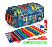ColePack Design - Lote de Estuche Portatodo Triple con 3 Cremalleras y Material Escolar de Primeras Marcas Incluido (Skate)